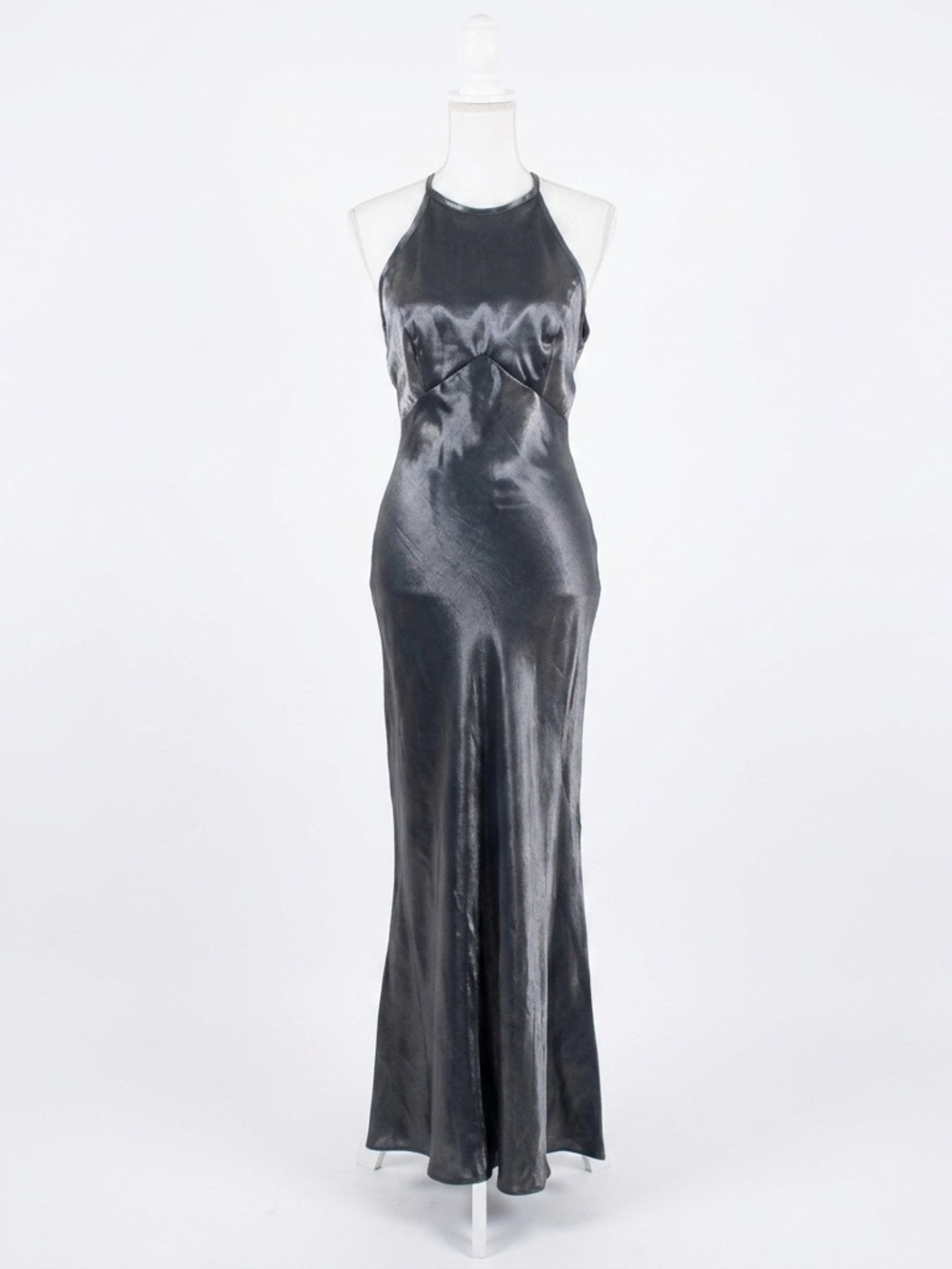 Bari Jay Vintage Y2K Liquid Metallic Halter Gown Open‎ Back Charcoal Grey 7/8